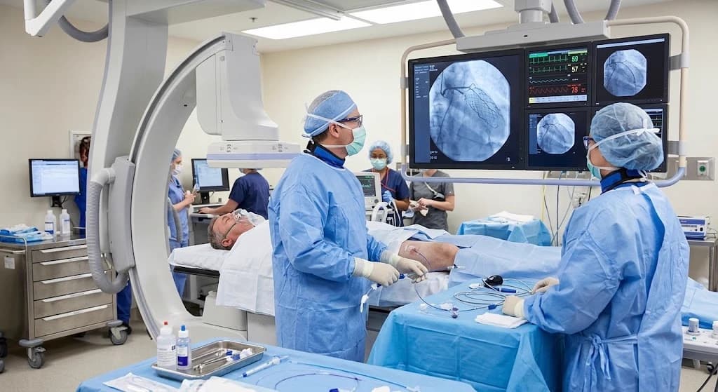 A catheterisation laboratory at Heart Health Center during a coronary procedure. Two physicians work at the draped table while the monitor stack behind them shows angiographic images of the coronary arteries with a stent in position, alongside live rhythm and pressure monitoring.