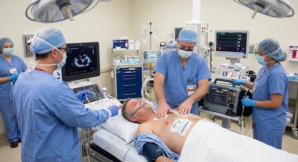 A procedure room at Heart Health Center during a transesophageal echocardiogram. A physician holds the ultrasound probe while the echocardiogram image is displayed on a screen beside him; defibrillation pads are in place on the patient's chest and two other staff members stand at the cardioverter, which reads SYNC ON.